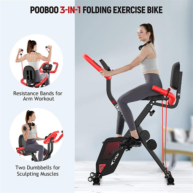 Foldable Exercise Bike Indoor Cycling Bike Magnetic Upright Bike Stationary Bike with Arm Resistance Bands,Pulse Sensor,LCD Monitor,