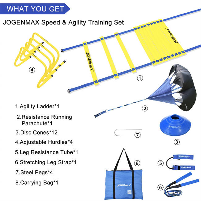 Speed & Agility Training Set - Includes Resistance Parachute, Agility Ladder, 4 Adjustable Hurdles, 12 Disc Cones, Leg Resistance Tube and Stretching