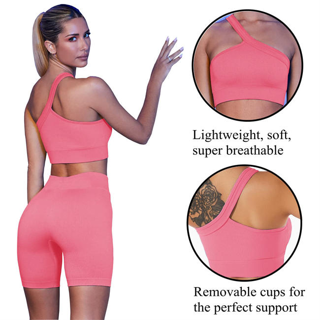 Two Piece Workout Set for Women, Sexy One Shoulder Matching Crop Tank Top Set Outfits for Women