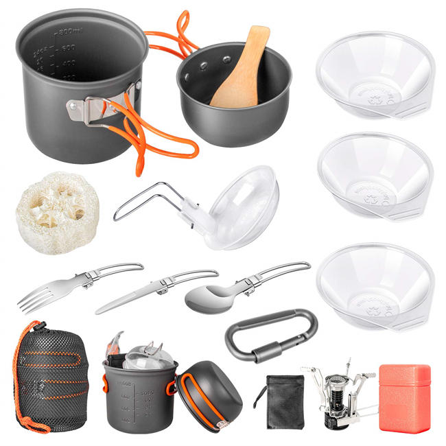 Beteray Camping Cookware Set Portable Camp Stove with Lightweight Pots and Pans Set Non-Stick Backpacking Cooking Set Camping Mess Kit with Folding Knife and Fork for Outdoor Hiking Picnic (16 Pcs)